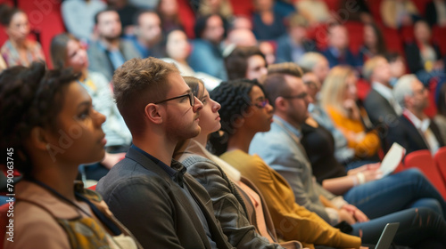 audience in business conference listening to speaker presentation