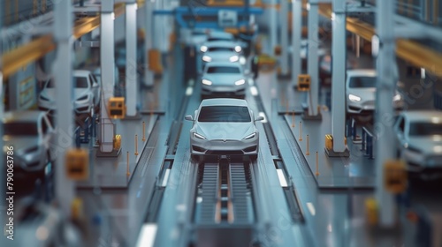 A sweeping view of a bustling automobile assembly line, capturing the precision and collaboration in vehicle manufacturing.