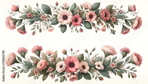 Watercolor Illustration of a Rose Campion Floral Border photo