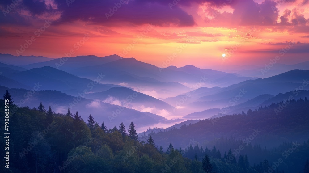 Majestic sunset over a misty mountain landscape with layers of silhouetted ridges and a colorful sky. Created with Generative AI.