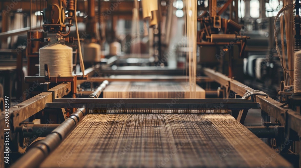 A textile factory in motion, with rows of looms weaving fabrics that will become part of daily life, highlighting tradition and technology.