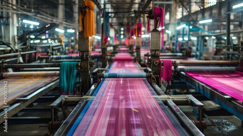 A textile factory in motion, with rows of looms weaving fabrics that will become part of daily life, highlighting tradition and technology.