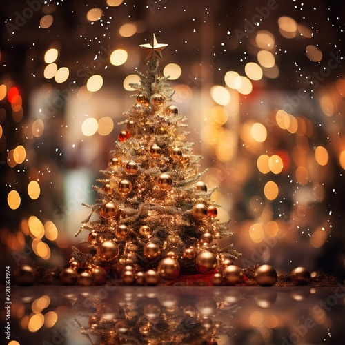 At its heart is a beautifully blurred image of a Christmas tree adorned with twinkling lights and ornaments. Ai generated © Image Bank