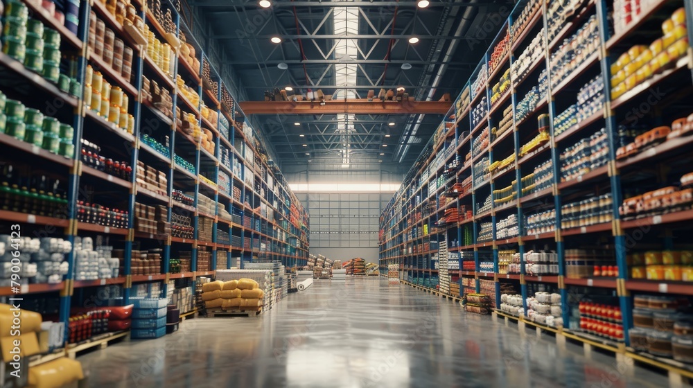 An expansive shot of a consumer goods factory, showcasing the journey from raw materials to finished products on shelves.