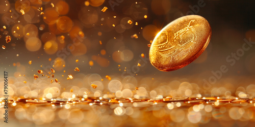 A dynamic scene of a gold coin being flipped and descending into the water banner  photo