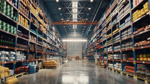 An expansive shot of a consumer goods factory, showcasing the journey from raw materials to finished products on shelves.