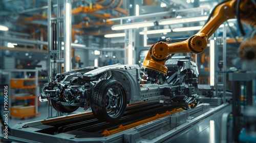 Robotic arm assembling a car chassis in a modern automotive factory. Created with Generative AI.