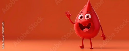 A cheerful cartoon blood drop character waving on an orange background.