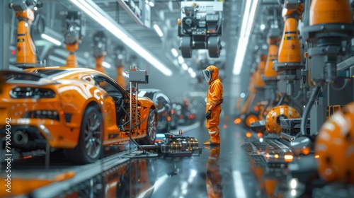 Worker in orange suit inspects a sports car in a high-tech automotive assembly line with robots. Created with Generative AI. photo