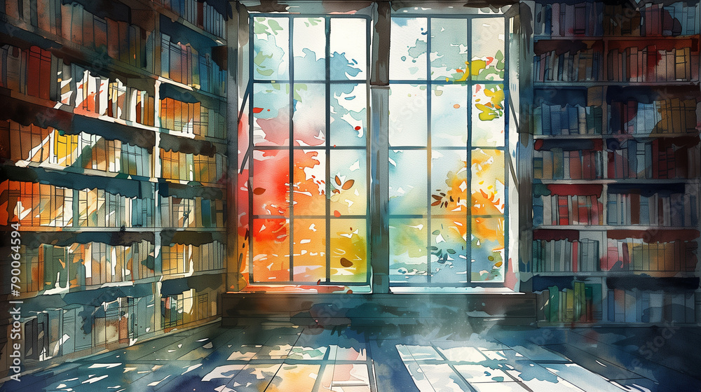 Cozy library corner with colorful autumn view through large window