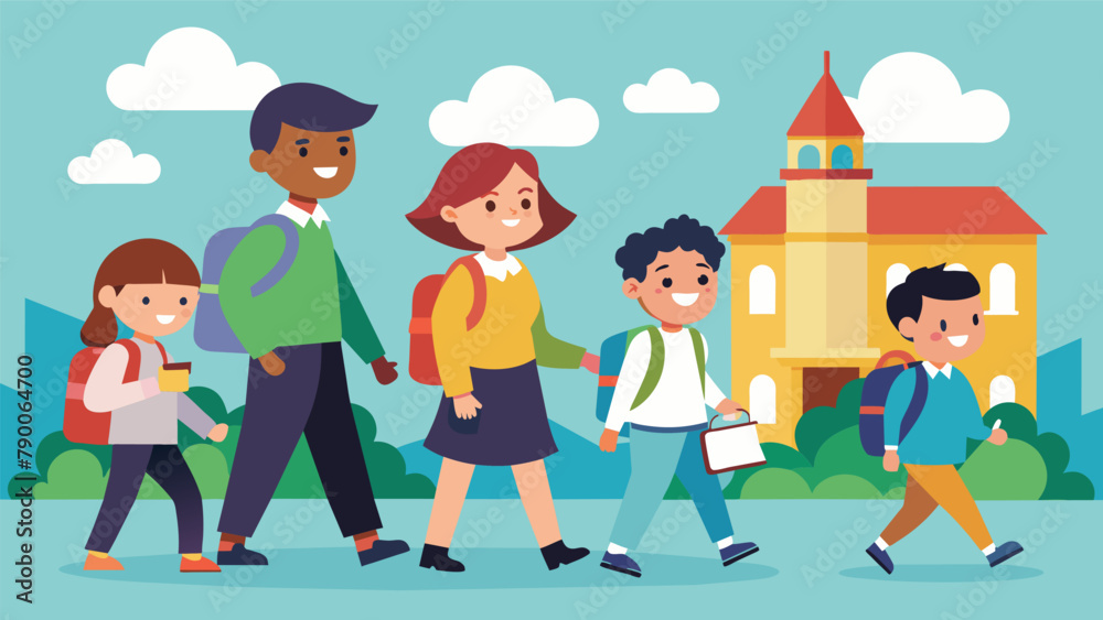 A group of students walking to school with their teacher learning about the local history and landmarks along the way. A group of students walking to school with their teacher learning about the local history and landmarks along the way.