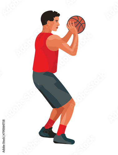 Asian basketball player in red jersey stands and holds the ball with both hands to set shot and shoot the ball into the hoop