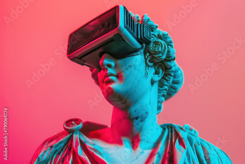 Ancient Greek marble sculpture wearing virtual reality glasses. Neon trendy cyberpunk style. Marble statue of a man immersed in virtual reality photo