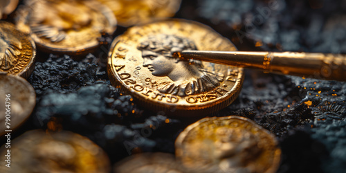 A gold coin with a pen placed on top of it, close-up shot banner