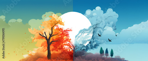 Colorful illustration of a tree on a hill and the moon behind. Red and blue. Changing season of nature. Save the planet.