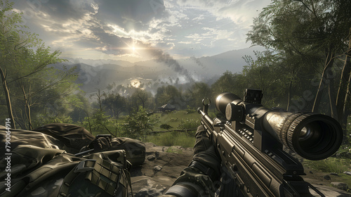 First person shooting game with gun and mountain landscape