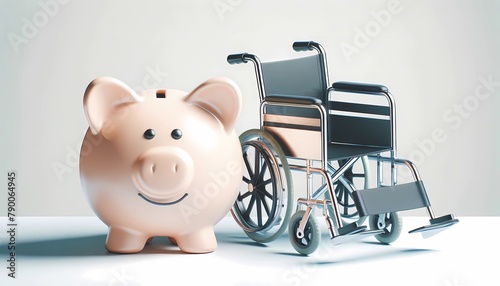 Financial wellness concept for Piggy bank with wheelchair conveying the necessity of saving for medical emergencies and disability support 