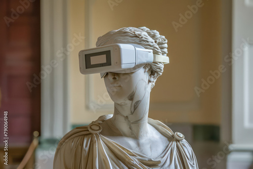 Ancient Greek marble sculpture wearing virtual reality glasses. Marble statue of a woman immersed in virtual reality photo