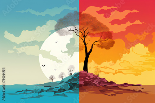 Colorful illustration of a tree on a hill and the moon behind. Red and blue. Changing season of nature. Save the planet.
