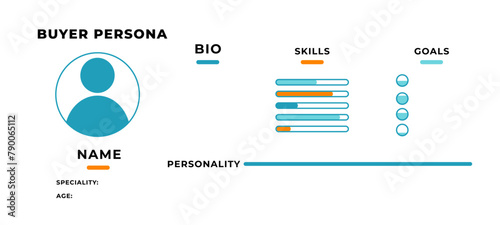 Buyer persona data schema. Marketing identification of user with skills and personal data with biography for business vector information