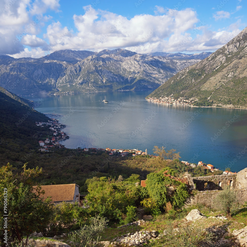 Beautiful autumn Mediterranean landscape on sunny November day. Montenegro. View of Kotor Bay from ancient village of Gornji Stoliv