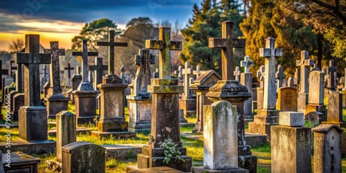 The cemetery s landscape is adorned with weathered tombstones and crosses  each bearing witness to the passage of time and the memories of those laid to rest. 