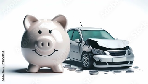 Financial wellness for emergency situation Concept of piggy bank with  a wrecked car emphasizing the need for financial readiness in case of accidents