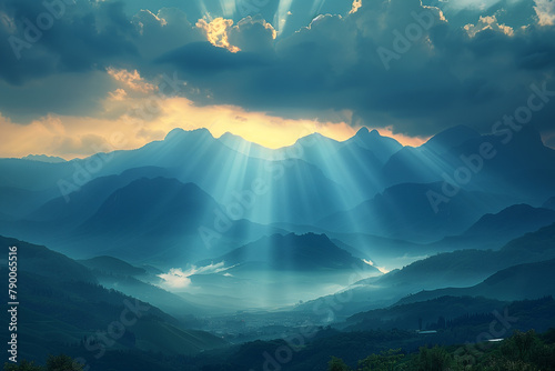 A spectacular view of sun rays piercing through clouds over a mountain range