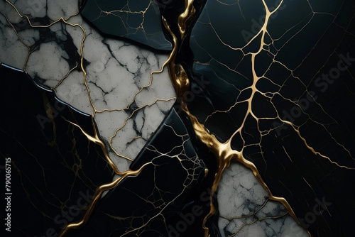 Abstract black and white marble texture with liquid fluid golden veins, luxury marble background
