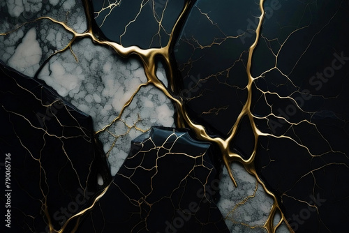 Abstract black and white marble texture with liquid fluid golden veins, luxury marble background