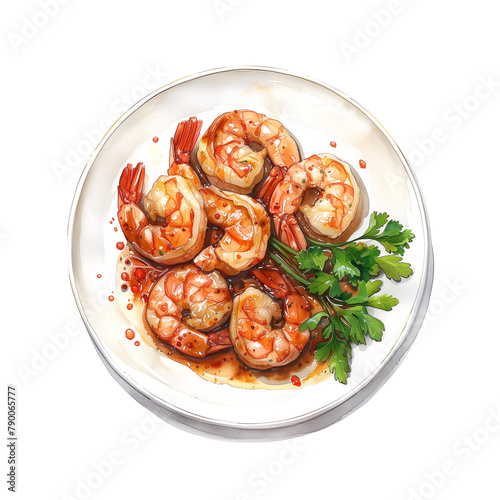 Illustration of shrimp in chili sauce served on a white plate against a white background painted in watercolor.