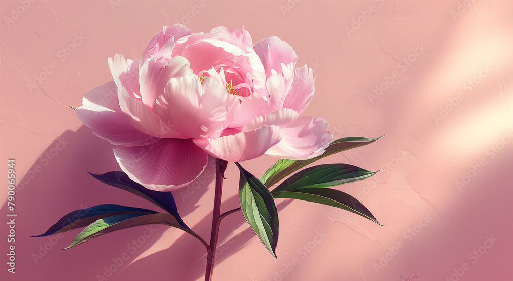 Single pink peony flower on a matching pink background Single pink peony flower on a matching pink background