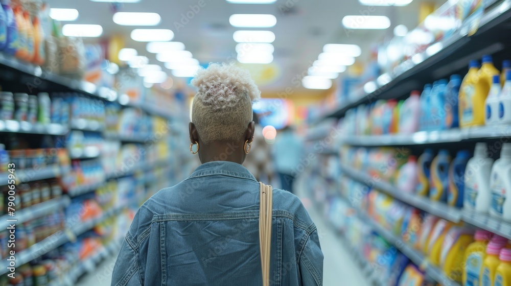 Shopping in a grocery store with a woman looking to buy something retail. Supermarket, shelf, or food option with a shopper carrying a basket in an aisle.