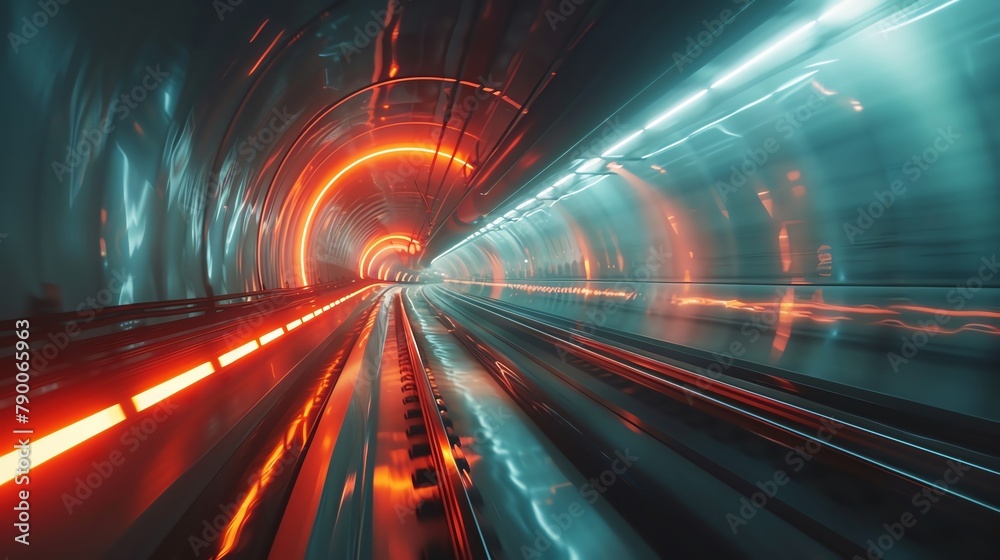 Traveling through a hyperloop tunnel at supersonic speeds, witnessing the blurring landscape outside