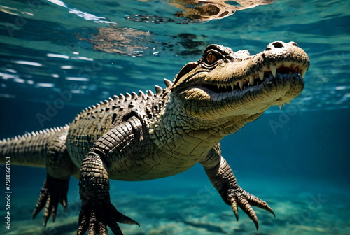 Crocodile floats underwater. Alligator in shallow water looks out of water. Marine life under water in ocean. Observation animal world. Scuba diving adventure in Red sea  coast Africa