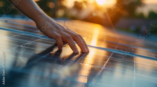 Sustainable solar energy or hand on solar panels for quality control or inspection. Engineers or innovators creating energy-saving photovoltaic construction