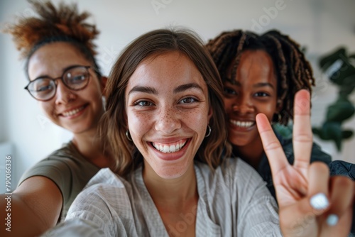 Portrait, team, and selfie of joyful, smiling, and goofy business ladies on office break. Design, marketing, and advertising diversity workers or girl buddies with peace emoji. photo