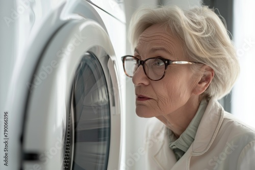 Scientist, worker, or lab autoclave for medical research, vaccination temperature control, or DNA engineering. Zoom, pondering face, older woman, medical science centrifuge photo