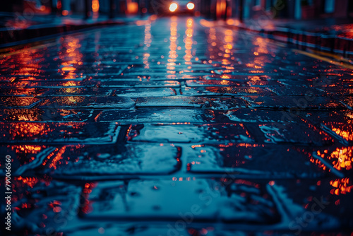 A wet sidewalk with a street light shining in the background photo