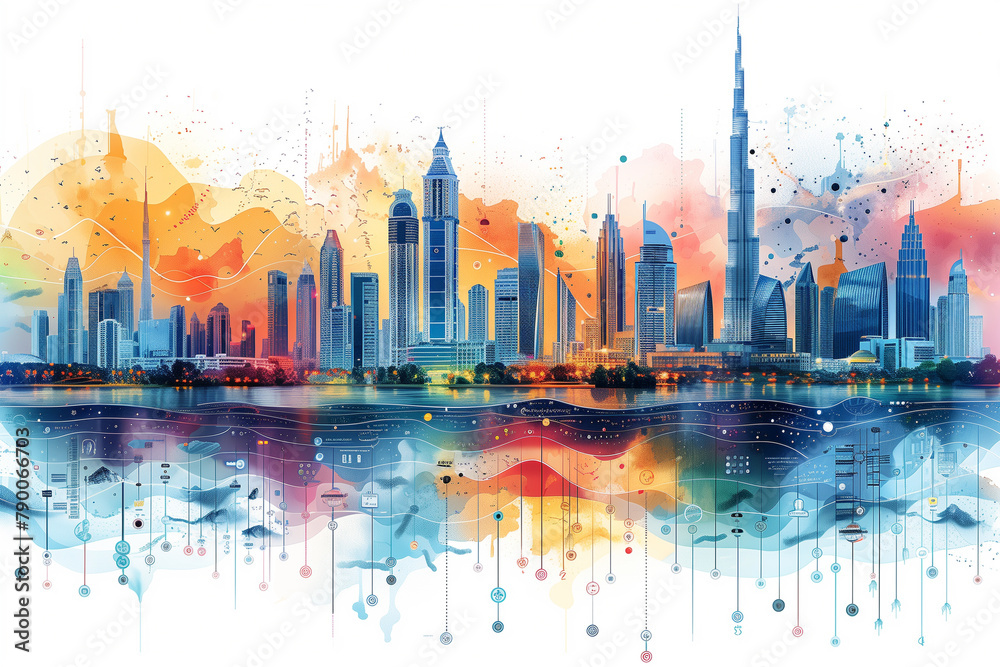 A vibrant watercolor painting depicting a city skyline with colorful buildings and reflections on water