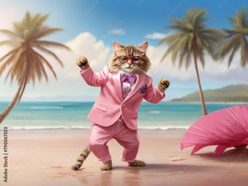 A glamorous cat in a pink suit, hat and sunglasses dances on the beach by the sea. illustration with cartoon cheerful cat on the beach