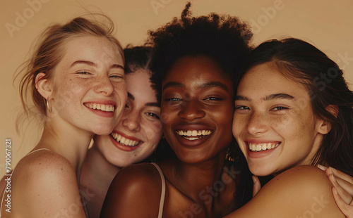 Smiling Multicultural Girls Embracing Together, Promoting Skin and Body Care Products, Beige Background