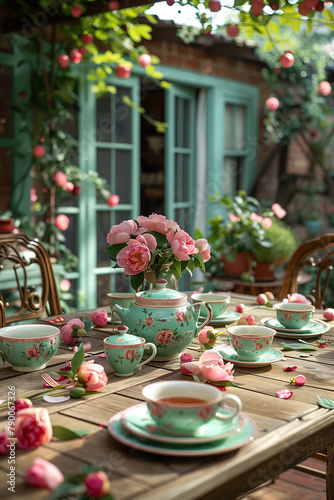 A collection of cups and saucers arranged on a wooden table outdoors