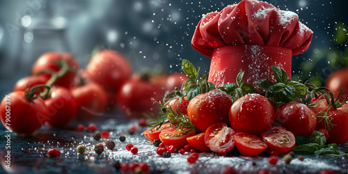 A group of tomatoes neatly placed on a table banner