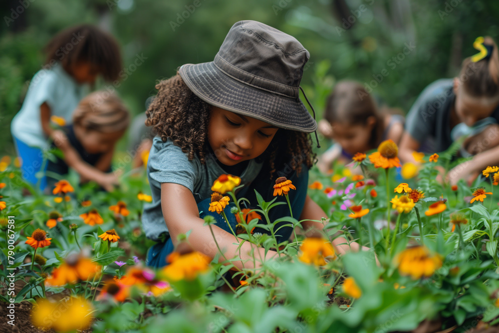 A group of children playing and exploring in a field filled with colorful flowers