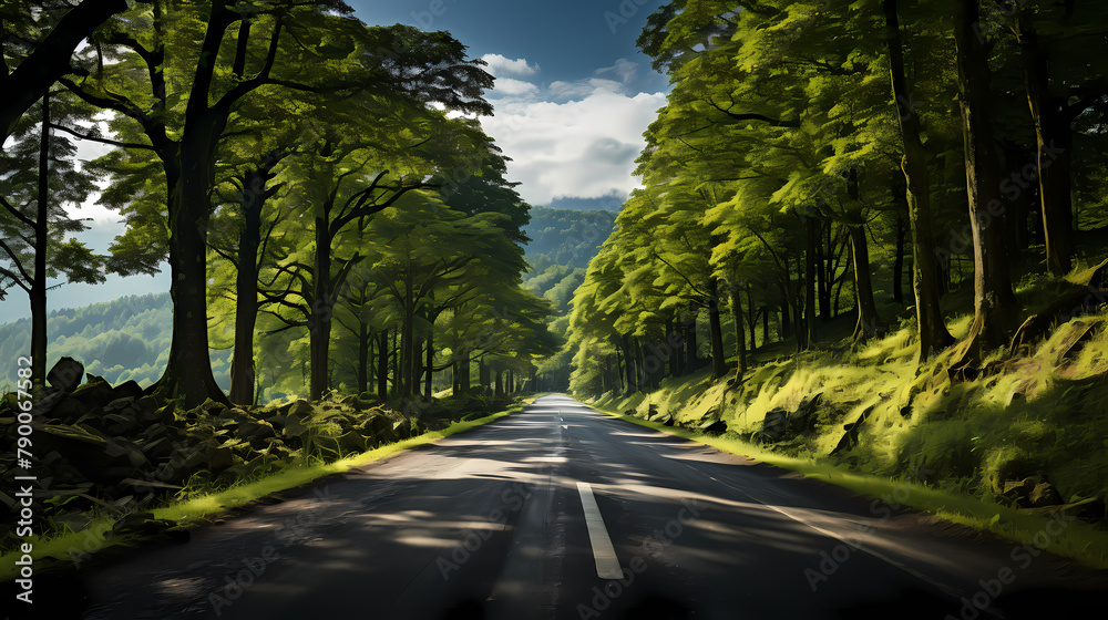 Fototapeta premium A road in the forest with dense trees around it