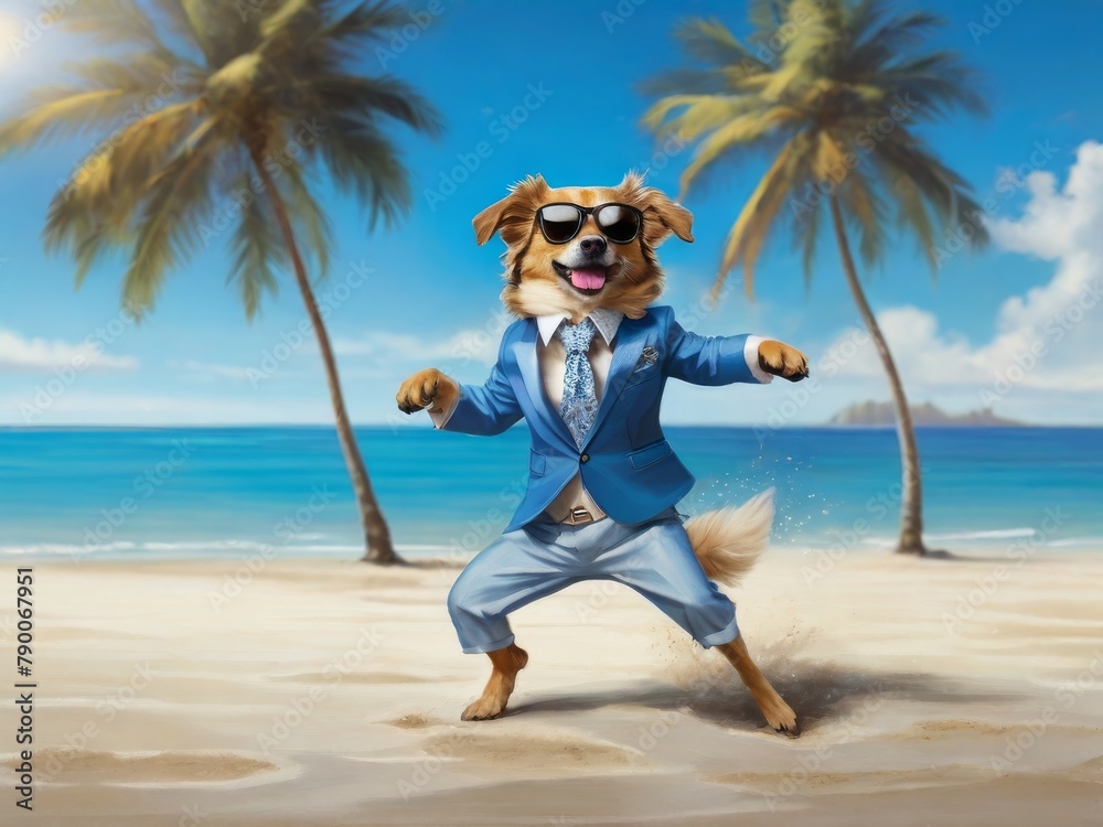Summer dog character in a bright suit, hat and sunglasses dances on the beach by the sea. illustration with glamorous cartoon cheerful dog on the beach