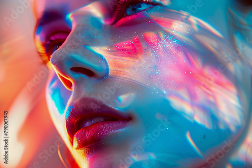 Vibrant Portrait of a Woman with Colorful Light Patterns
