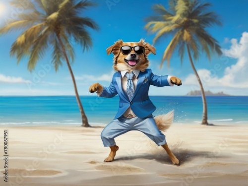 Obraz na płótnie Summer dog character in a bright suit, hat and sunglasses dances on the beach by the sea. illustration with glamorous cartoon cheerful dog on the beach w salonie
