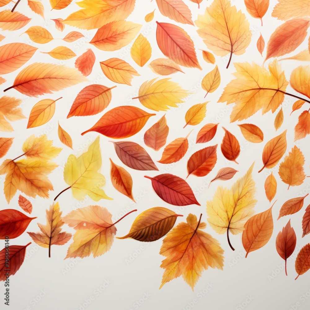 A sweeping gradient of leaves reflecting autumn's full spectrum, from pale yellow to burnt orange, arranged neatly over a white ground, viewed from above, watercolor, cartoon, animation